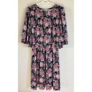 Vintage Good Times Floral Midi Dress Womens Size 14 Black Pink Rose USA Made